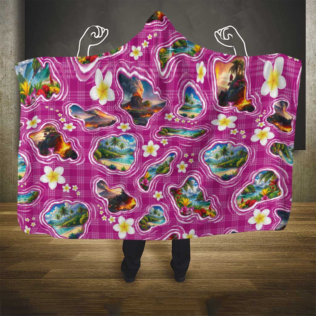 Hawaiian Island Shapes-Iconic Landscape Hooded Blanket with Plumeria and Palaka Pink Color LT03 - Polynesian Pride