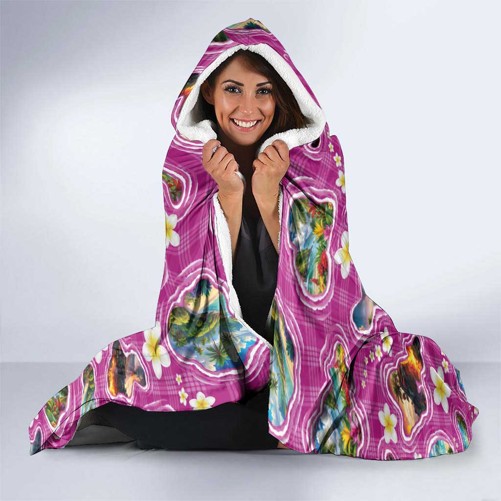 Hawaiian Island Shapes-Iconic Landscape Hooded Blanket with Plumeria and Palaka Pink Color LT03 - Polynesian Pride