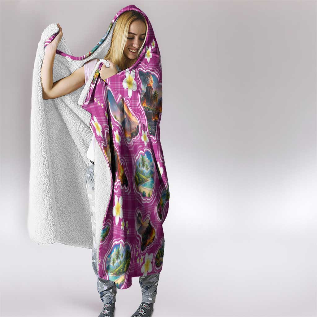 Hawaiian Island Shapes-Iconic Landscape Hooded Blanket with Plumeria and Palaka Pink Color LT03 - Polynesian Pride