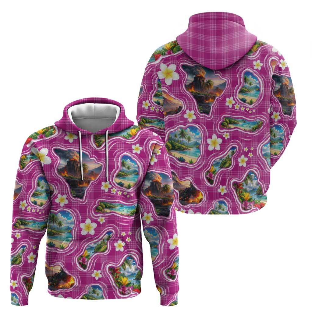 Hawaiian Island Shapes-Iconic Landscape Hoodie with Plumeria and Palaka Pink Color LT03 - Polynesian Pride