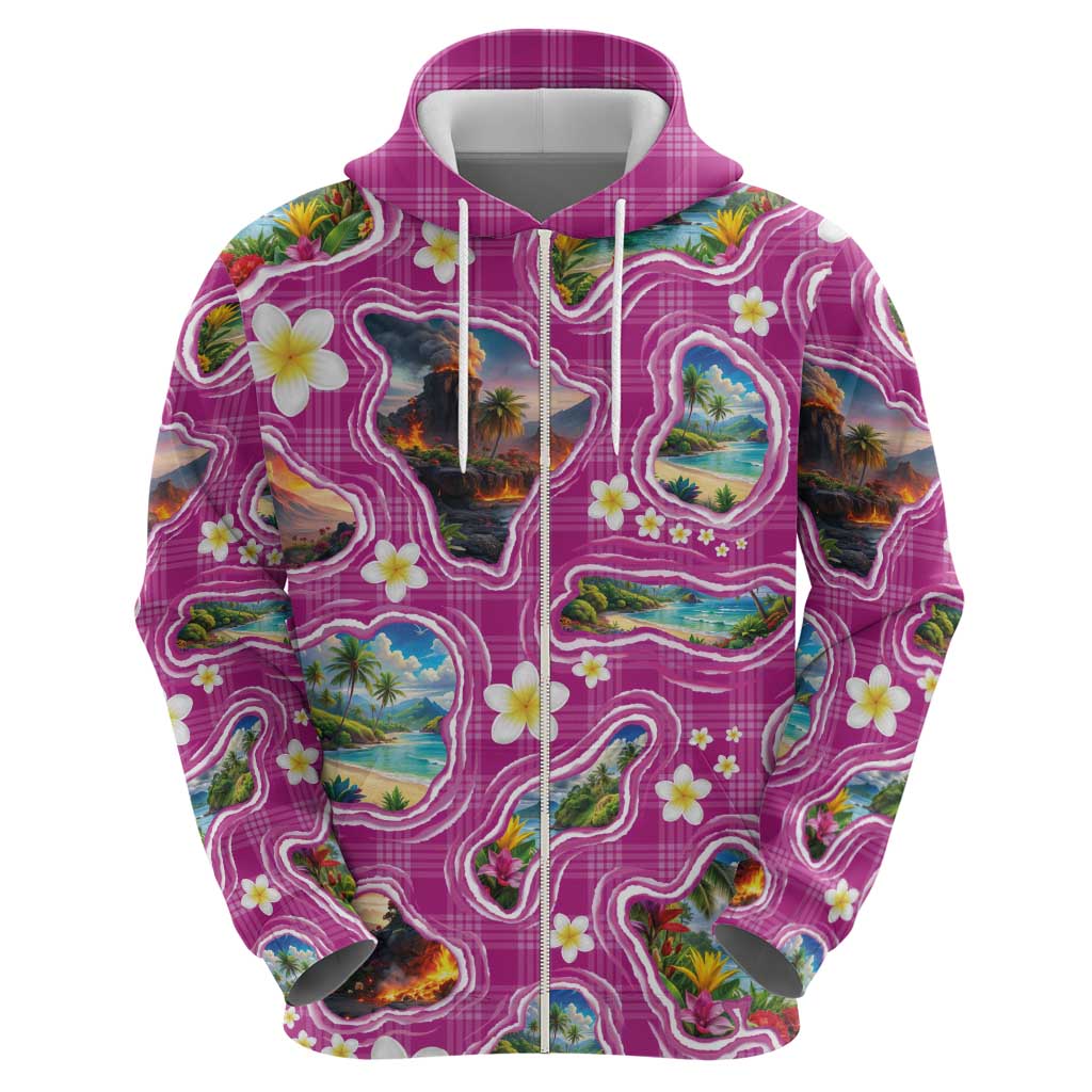 Hawaiian Island Shapes-Iconic Landscape Hoodie with Plumeria and Palaka Pink Color LT03 - Polynesian Pride