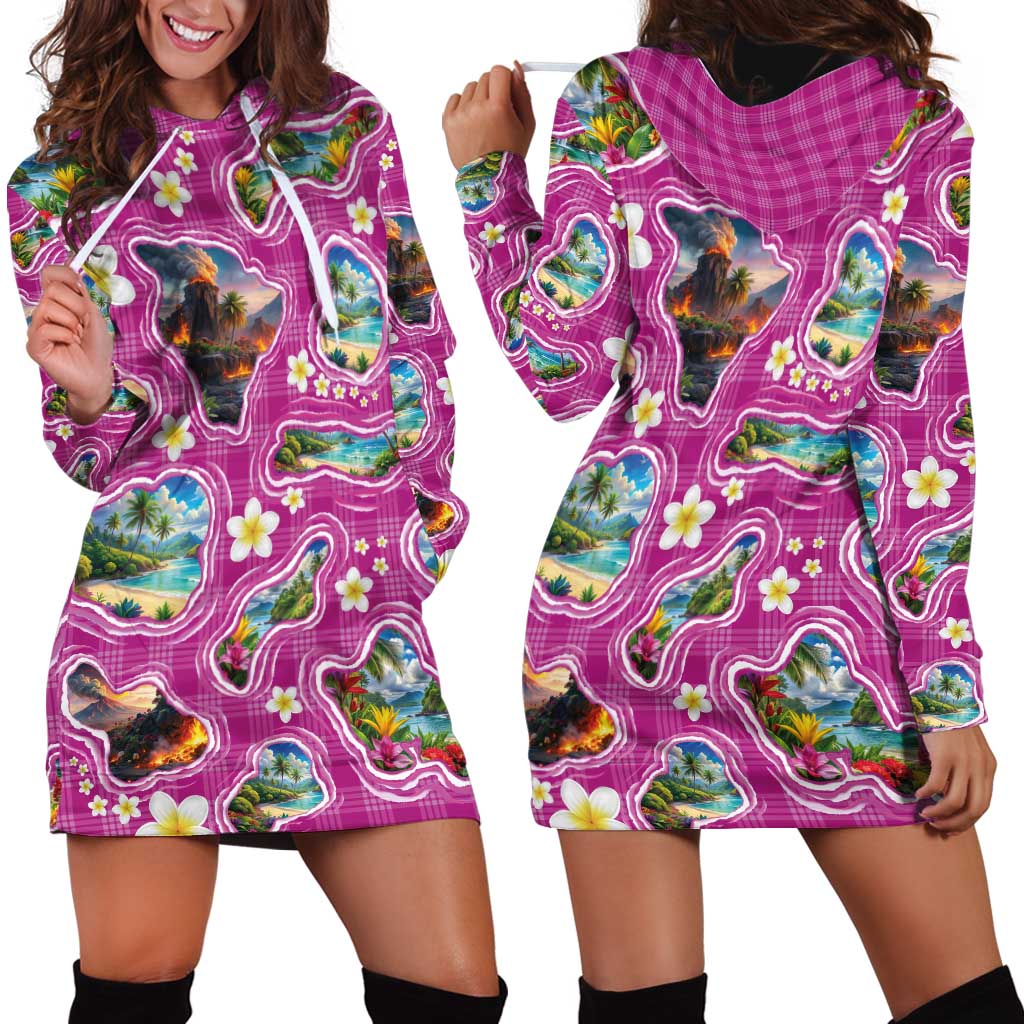 Hawaiian Island Shapes-Iconic Landscape Hoodie Dress with Plumeria and Palaka Pink Color LT03 - Polynesian Pride