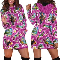 Hawaiian Island Shapes-Iconic Landscape Hoodie Dress with Plumeria and Palaka Pink Color LT03 - Polynesian Pride