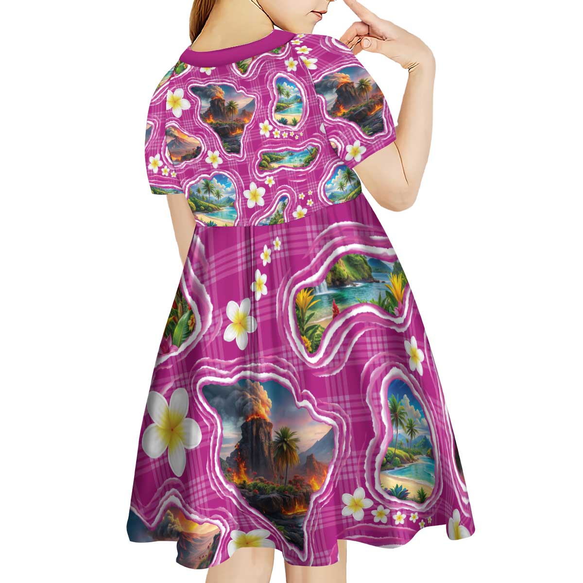 Hawaiian Island Shapes-Iconic Landscape Kid Short Sleeve Dress with Plumeria and Palaka Pink Color LT03 - Polynesian Pride