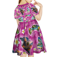 Hawaiian Island Shapes-Iconic Landscape Kid Short Sleeve Dress with Plumeria and Palaka Pink Color LT03 - Polynesian Pride