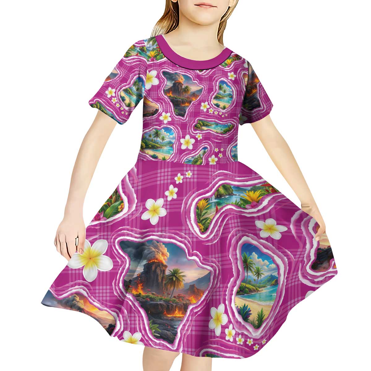 Hawaiian Island Shapes-Iconic Landscape Kid Short Sleeve Dress with Plumeria and Palaka Pink Color LT03 - Polynesian Pride