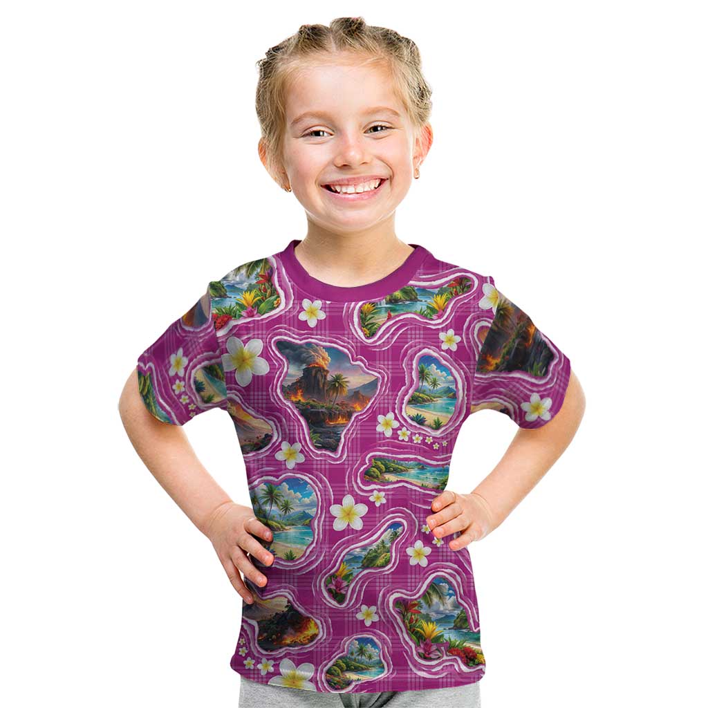 Hawaiian Island Shapes-Iconic Landscape Kid T Shirt with Plumeria and Palaka Pink Color LT03 Pink - Polynesian Pride