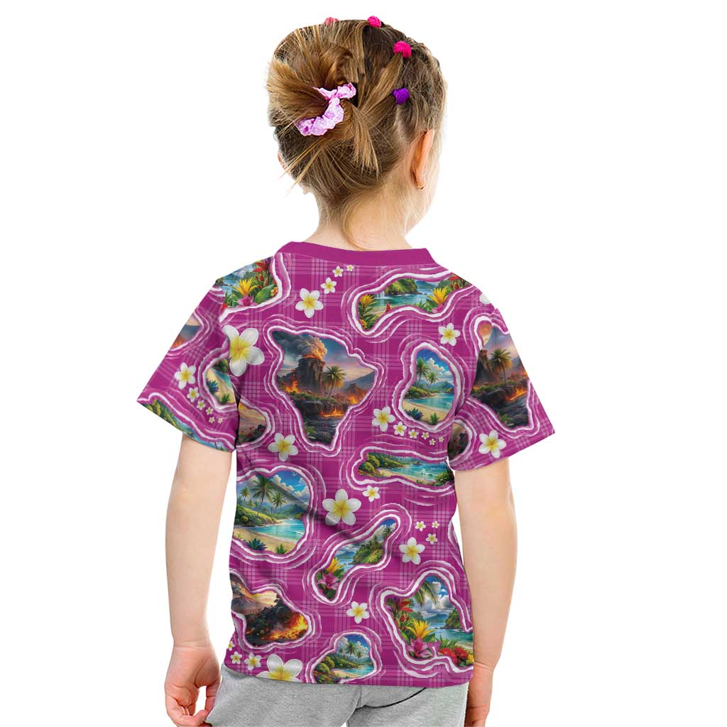 Hawaiian Island Shapes-Iconic Landscape Kid T Shirt with Plumeria and Palaka Pink Color LT03 - Polynesian Pride