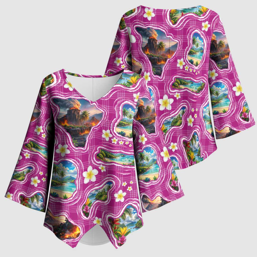 Hawaiian Island Shapes-Iconic Landscape Kimono Sleeve Blouse with Plumeria and Palaka Pink Color LT03 - Polynesian Pride