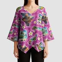Hawaiian Island Shapes-Iconic Landscape Kimono Sleeve Blouse with Plumeria and Palaka Pink Color LT03 - Polynesian Pride