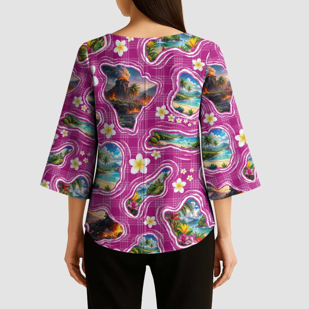 Hawaiian Island Shapes-Iconic Landscape Kimono Sleeve Blouse with Plumeria and Palaka Pink Color LT03 - Polynesian Pride