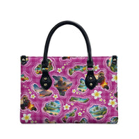 Hawaiian Island Shapes-Iconic Landscape Leather Bag with Plumeria and Palaka Pink Color LT03 - Polynesian Pride