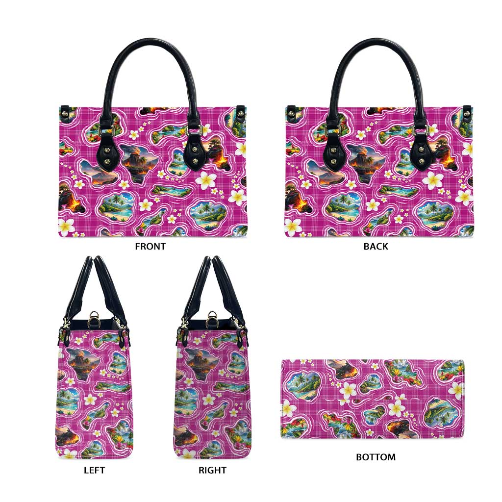 Hawaiian Island Shapes-Iconic Landscape Leather Bag with Plumeria and Palaka Pink Color LT03 - Polynesian Pride