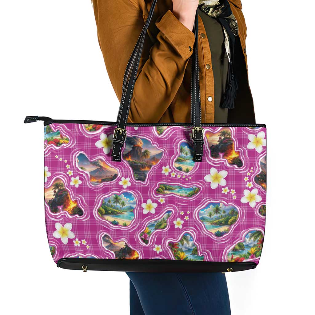 Hawaiian Island Shapes-Iconic Landscape Leather Tote Bag with Plumeria and Palaka Pink Color LT03 - Polynesian Pride