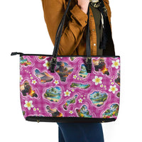 Hawaiian Island Shapes-Iconic Landscape Leather Tote Bag with Plumeria and Palaka Pink Color LT03 - Polynesian Pride