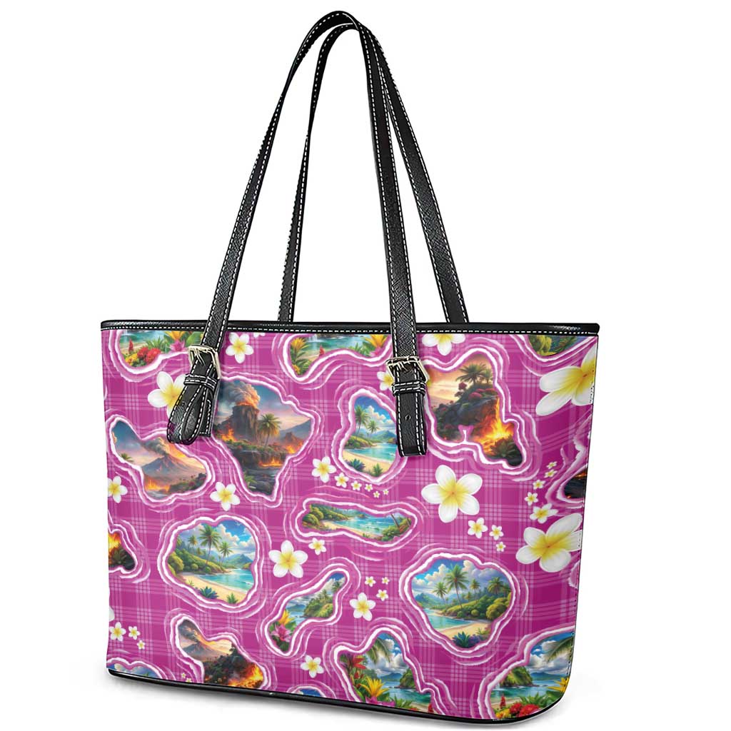 Hawaiian Island Shapes-Iconic Landscape Leather Tote Bag with Plumeria and Palaka Pink Color LT03 - Polynesian Pride