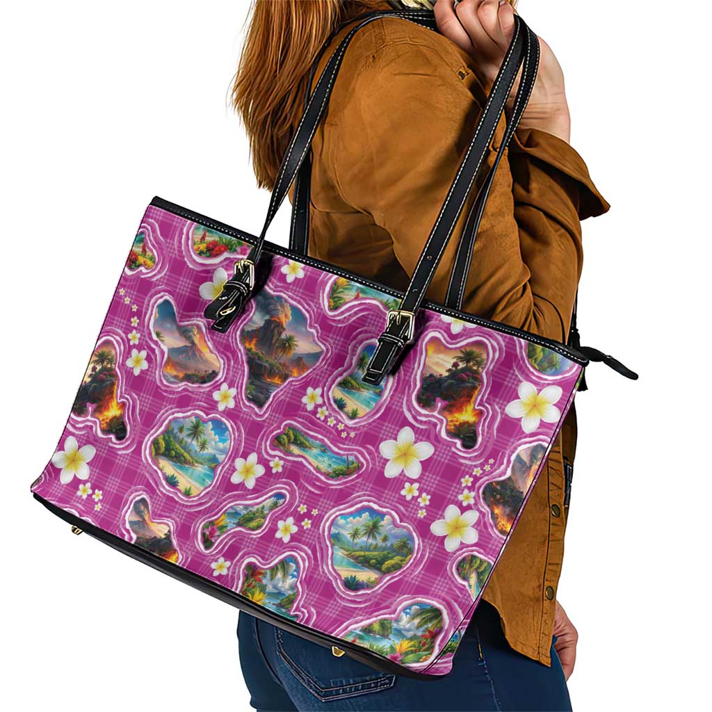 Hawaiian Island Shapes-Iconic Landscape Leather Tote Bag with Plumeria and Palaka Pink Color LT03 - Polynesian Pride