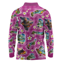 Hawaiian Island Shapes-Iconic Landscape Long Sleeve Polo Shirt with Plumeria and Palaka Pink Color LT03 - Polynesian Pride
