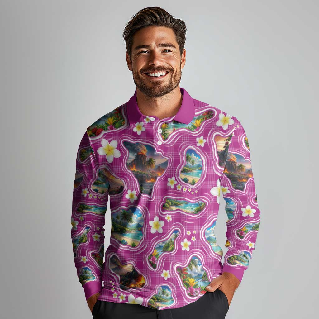Hawaiian Island Shapes-Iconic Landscape Long Sleeve Polo Shirt with Plumeria and Palaka Pink Color LT03 - Polynesian Pride