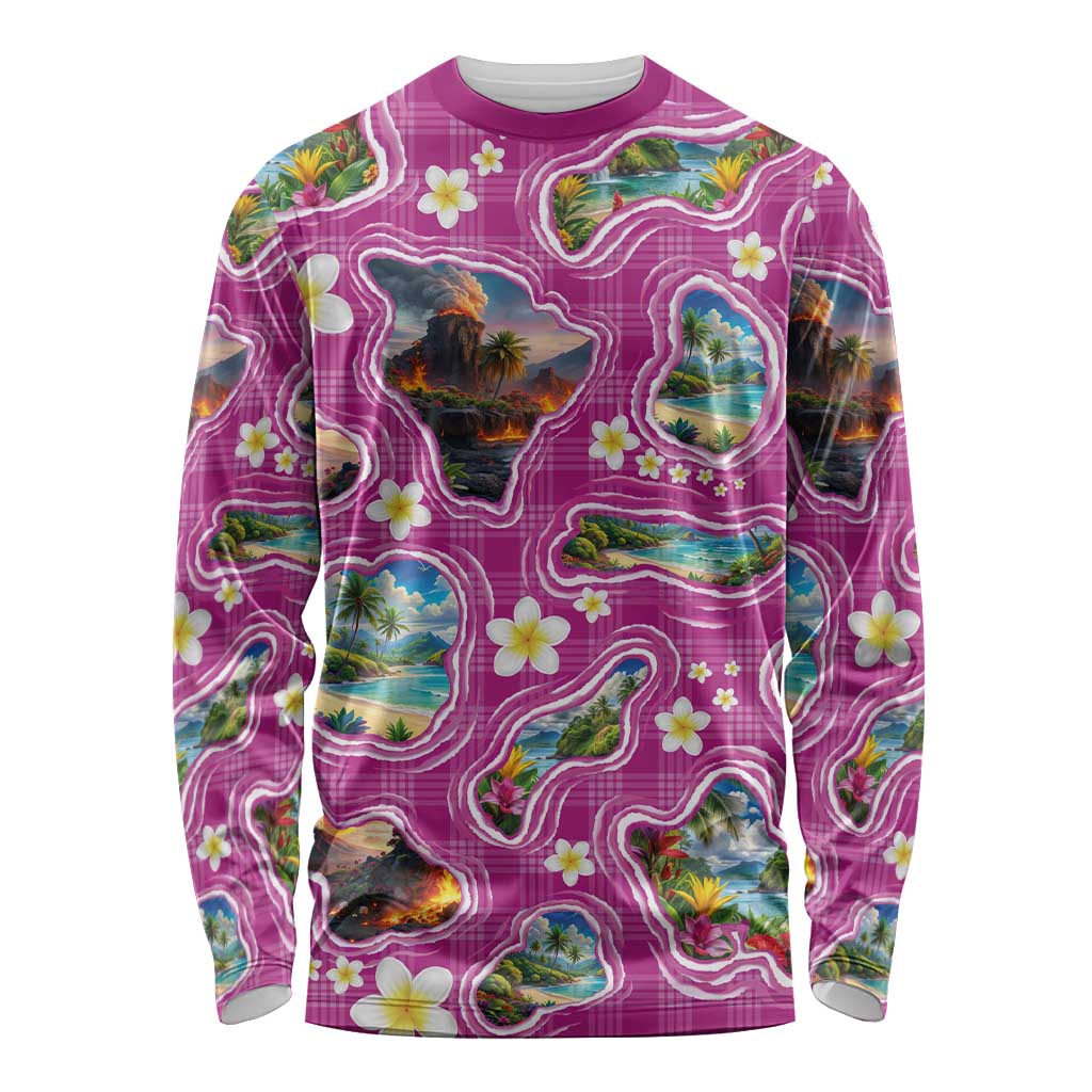 Hawaiian Island Shapes-Iconic Landscape Long Sleeve Shirt with Plumeria and Palaka Pink Color