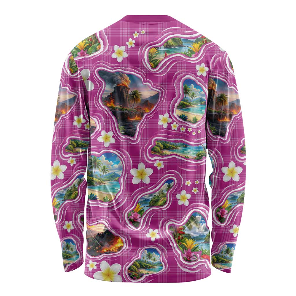 Hawaiian Island Shapes-Iconic Landscape Long Sleeve Shirt with Plumeria and Palaka Pink Color LT03 - Polynesian Pride