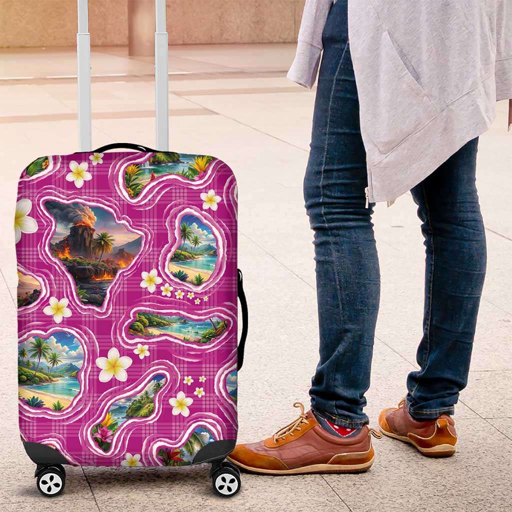 Hawaiian Island Shapes-Iconic Landscape Luggage Cover with Plumeria and Palaka Pink Color LT03 Pink - Polynesian Pride