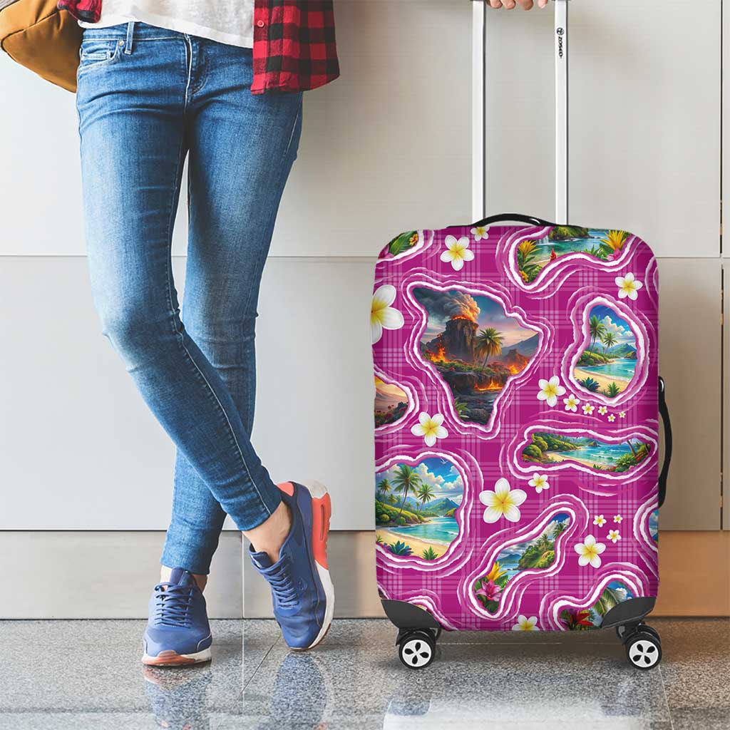 Hawaiian Island Shapes-Iconic Landscape Luggage Cover with Plumeria and Palaka Pink Color LT03 - Polynesian Pride