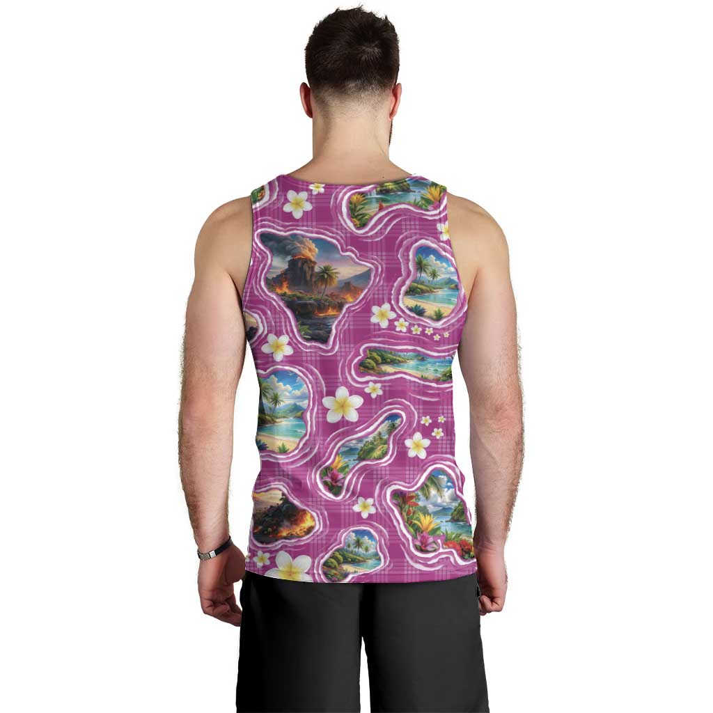 Hawaiian Island Shapes-Iconic Landscape Men Tank Top with Plumeria and Palaka Pink Color LT03 - Polynesian Pride