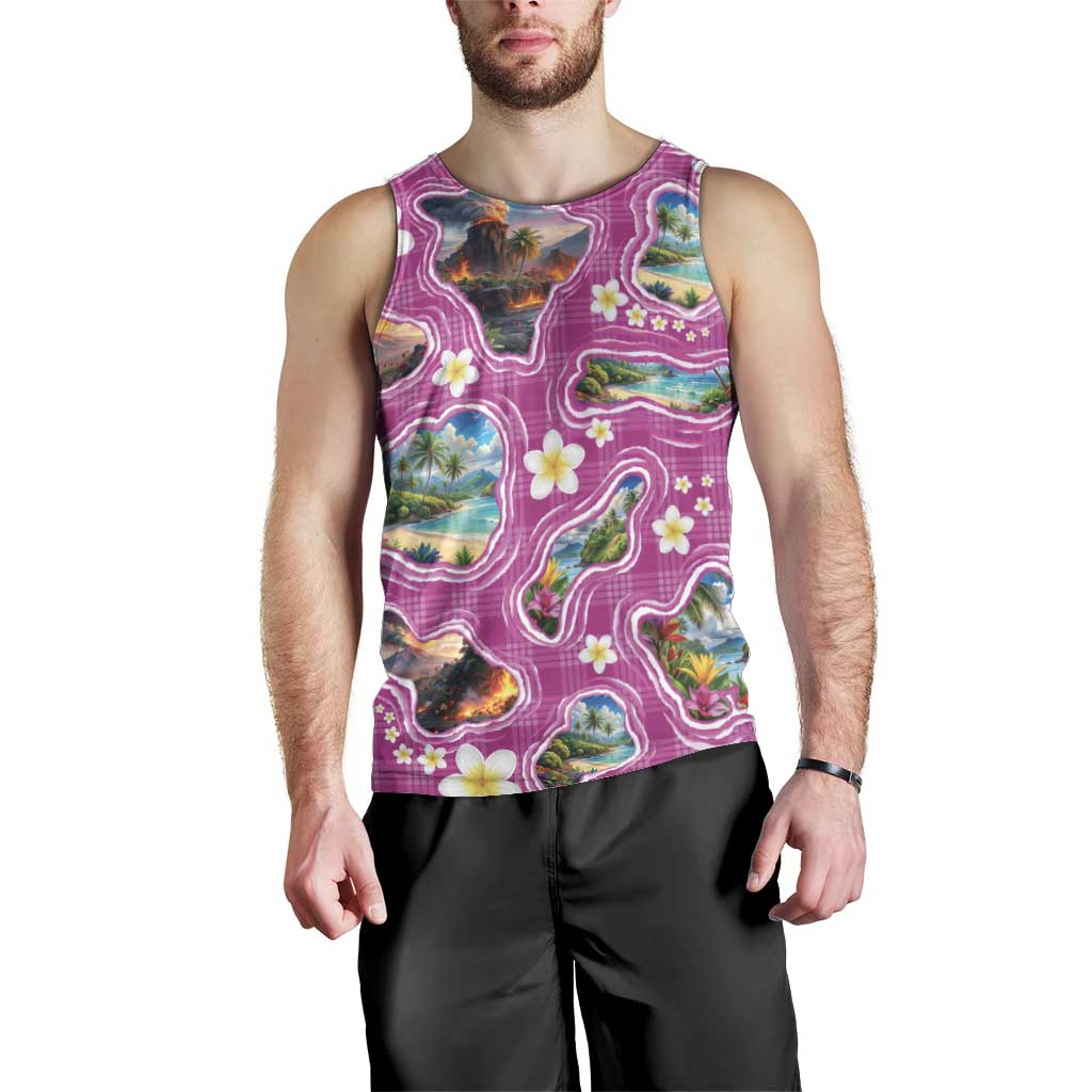 Hawaiian Island Shapes-Iconic Landscape Men Tank Top with Plumeria and Palaka Pink Color LT03 - Polynesian Pride