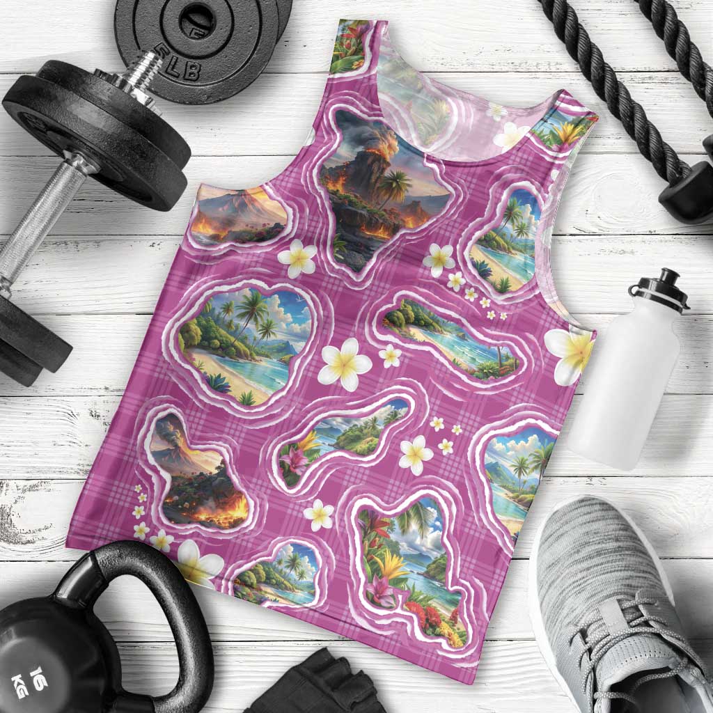 Hawaiian Island Shapes-Iconic Landscape Men Tank Top with Plumeria and Palaka Pink Color LT03 - Polynesian Pride