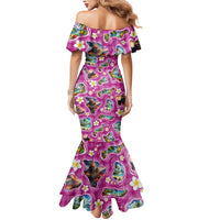 Hawaiian Island Shapes-Iconic Landscape Mermaid Dress with Plumeria and Palaka Pink Color LT03 - Polynesian Pride