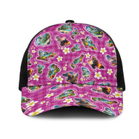 Hawaiian Island Shapes-Iconic Landscape Mesh Trucker Cap with Plumeria and Palaka Pink Color LT03 One Size Black Pink - Polynesian Pride