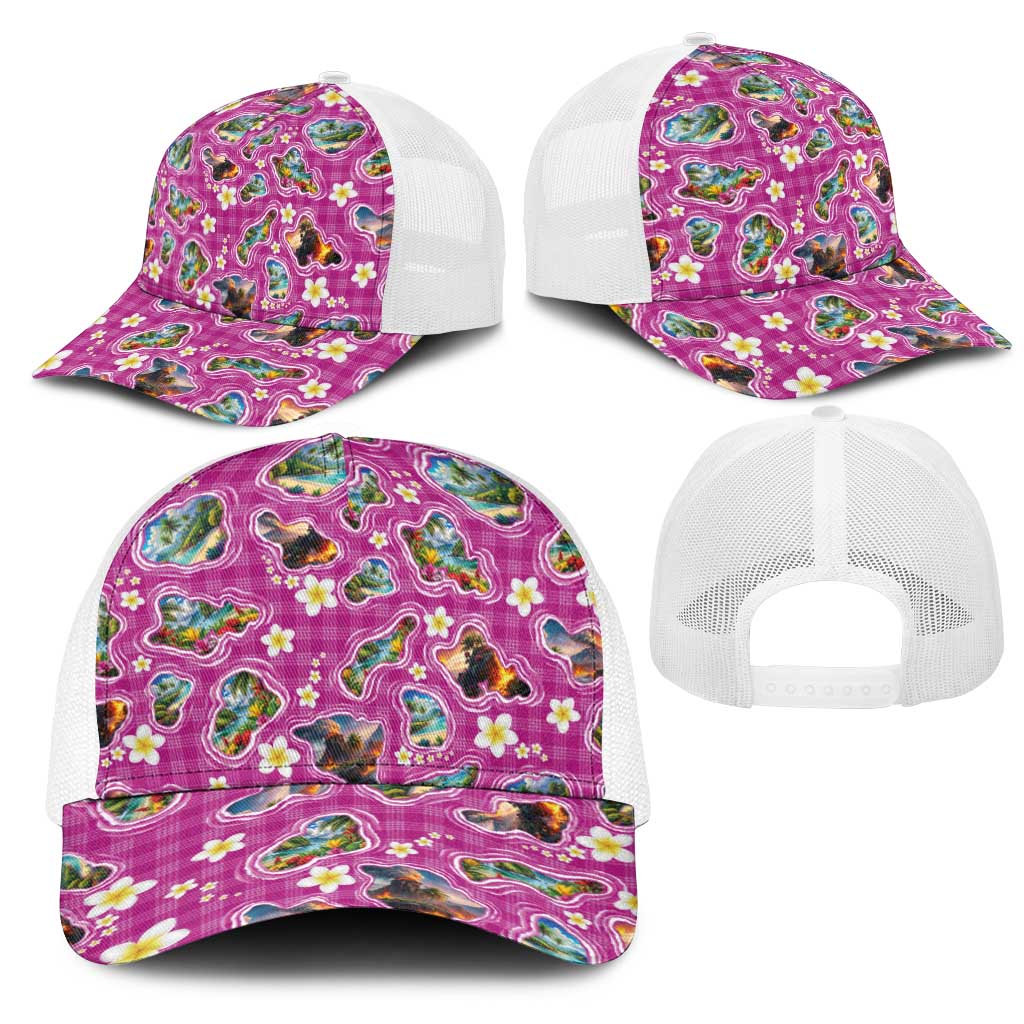 Hawaiian Island Shapes-Iconic Landscape Mesh Trucker Cap with Plumeria and Palaka Pink Color LT03 - Polynesian Pride
