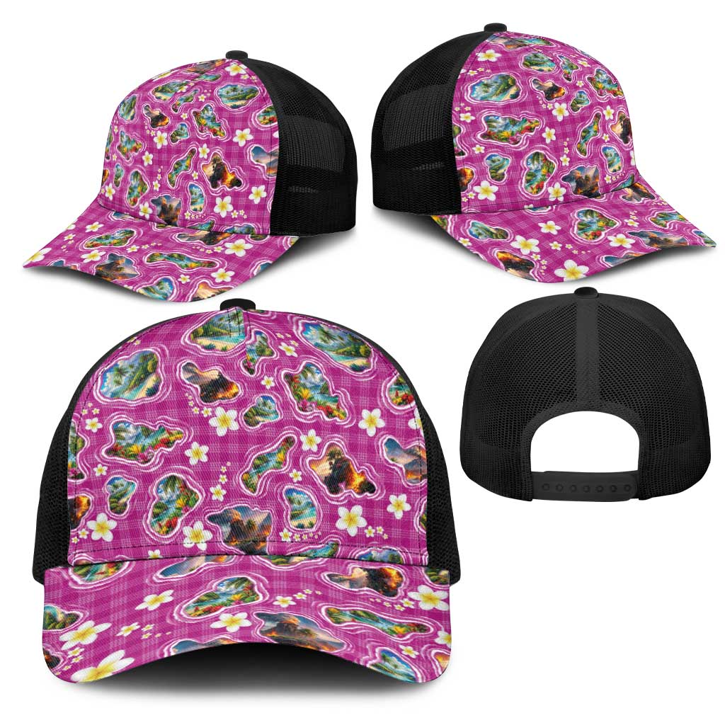 Hawaiian Island Shapes-Iconic Landscape Mesh Trucker Cap with Plumeria and Palaka Pink Color LT03 - Polynesian Pride