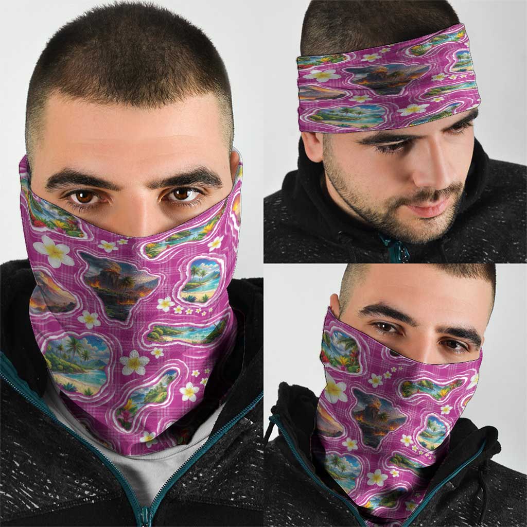 Hawaiian Island Shapes-Iconic Landscape Neck Gaiter with Plumeria and Palaka Pink Color LT03 - Polynesian Pride