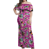 Hawaiian Island Shapes-Iconic Landscape Off Shoulder Maxi Dress with Plumeria and Palaka Pink Color LT03 Women Pink - Polynesian Pride