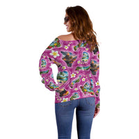 Hawaiian Island Shapes-Iconic Landscape Off Shoulder Sweater with Plumeria and Palaka Pink Color LT03 - Polynesian Pride