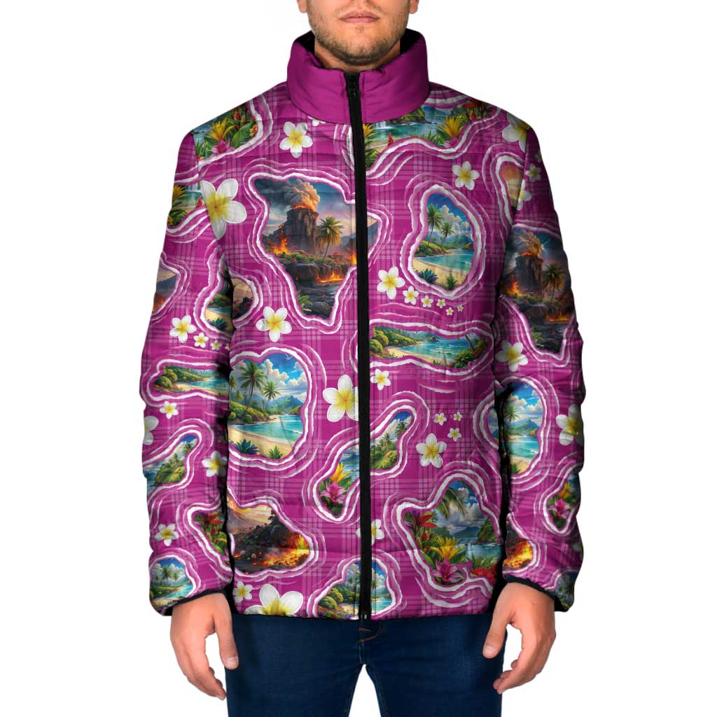 Hawaiian Island Shapes-Iconic Landscape Padded Jacket with Plumeria and Palaka Pink Color LT03 Men Pink - Polynesian Pride
