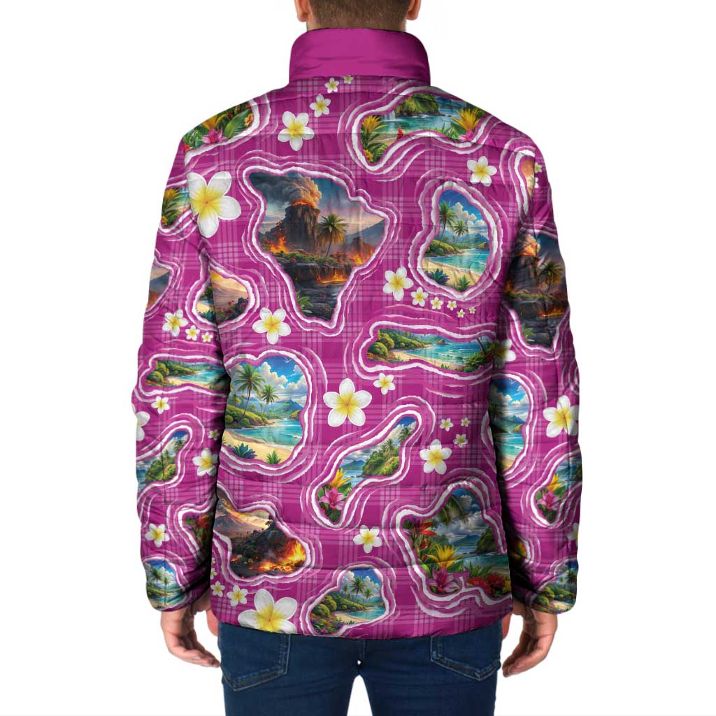 Hawaiian Island Shapes-Iconic Landscape Padded Jacket with Plumeria and Palaka Pink Color LT03 - Polynesian Pride