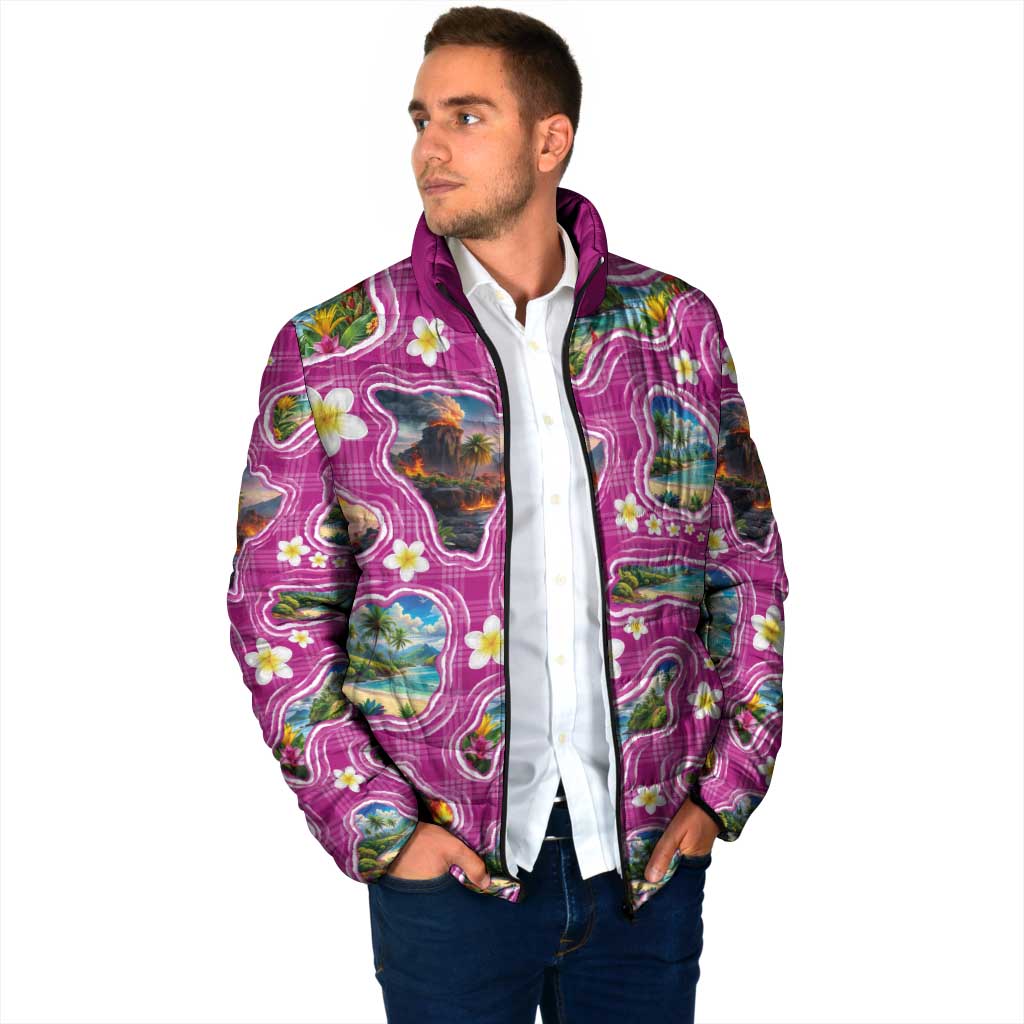 Hawaiian Island Shapes-Iconic Landscape Padded Jacket with Plumeria and Palaka Pink Color LT03 - Polynesian Pride