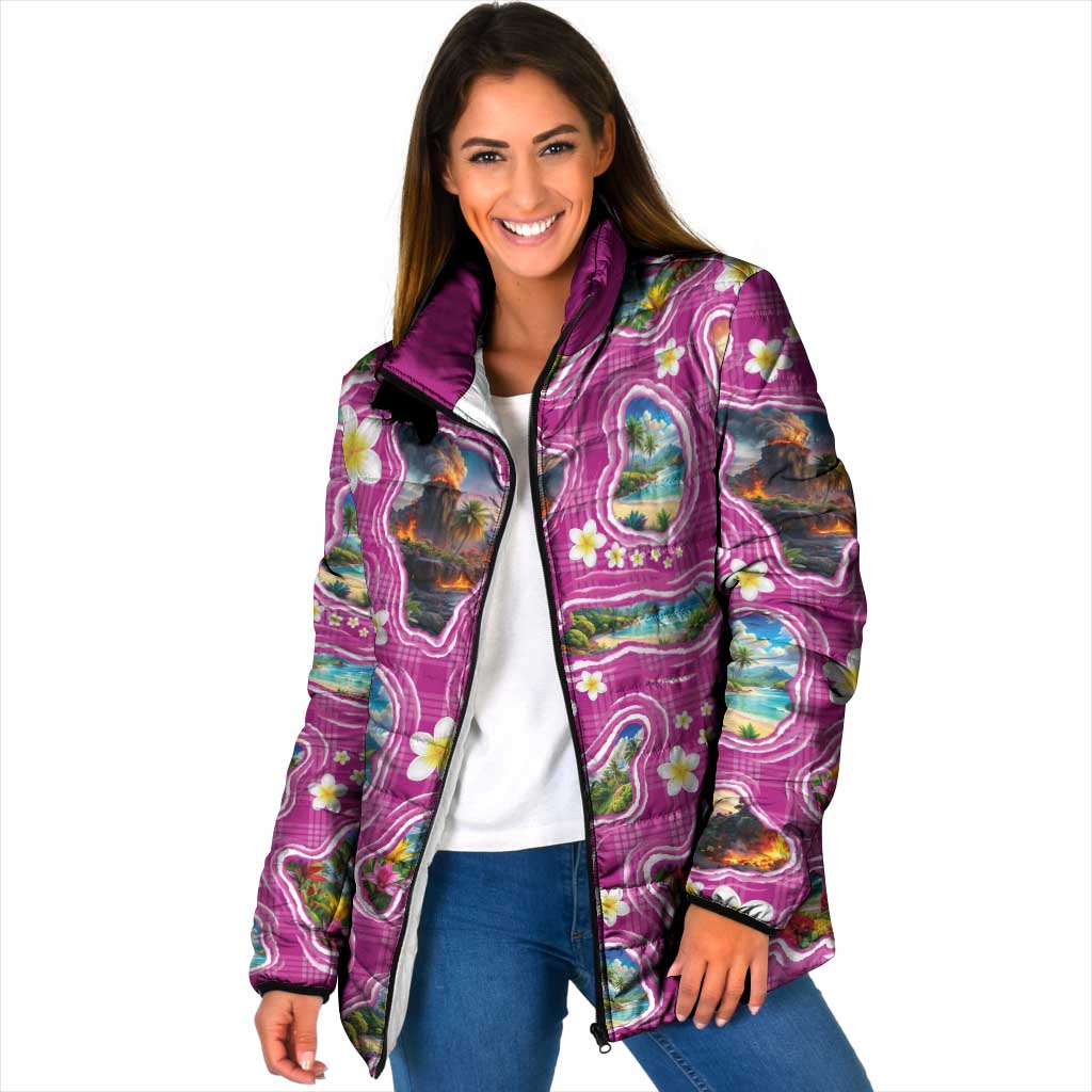 Hawaiian Island Shapes-Iconic Landscape Padded Jacket with Plumeria and Palaka Pink Color LT03 Women Pink - Polynesian Pride