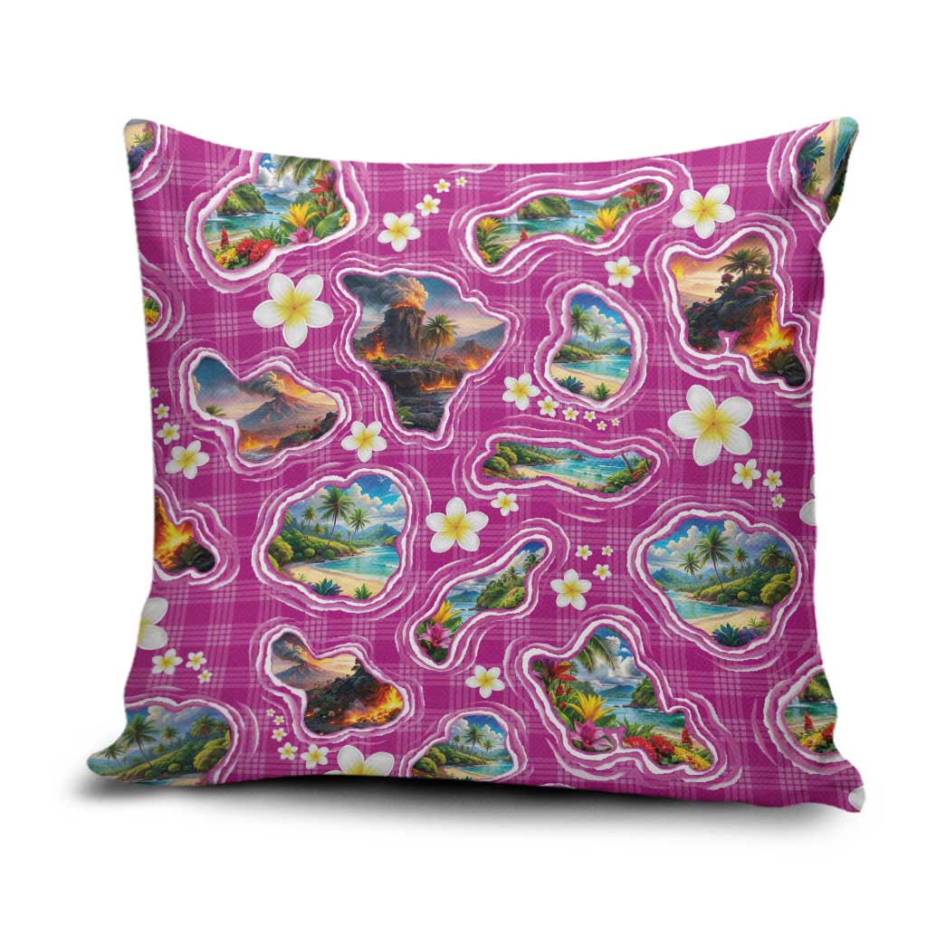 Hawaiian Island Shapes-Iconic Landscape Pillow Cover with Plumeria and Palaka Pink Color