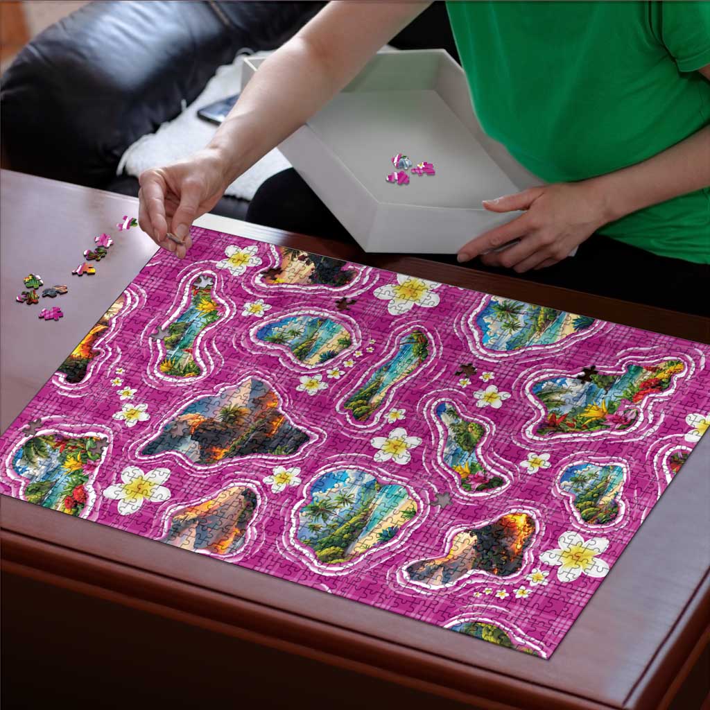 Hawaiian Island Shapes-Iconic Landscape Puzzle with Plumeria and Palaka Pink Color LT03 - Polynesian Pride