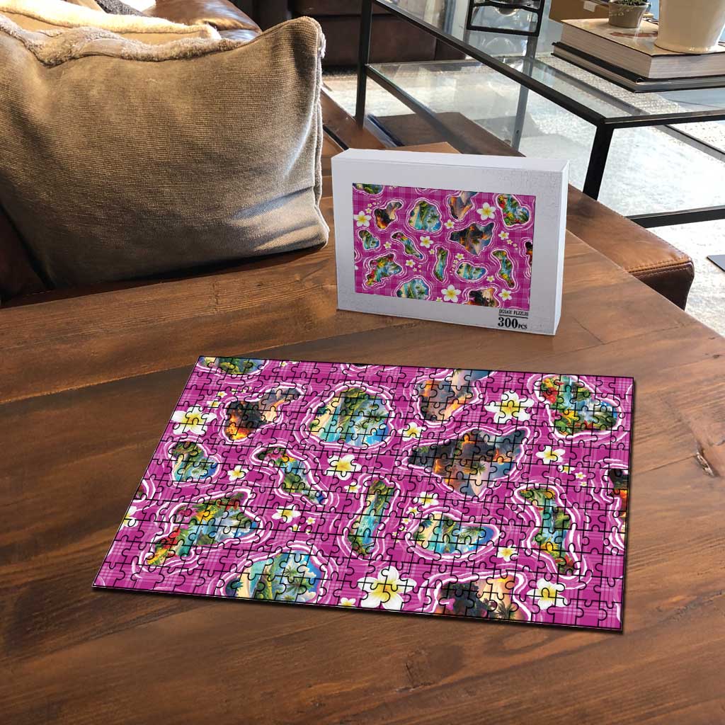 Hawaiian Island Shapes-Iconic Landscape Puzzle with Plumeria and Palaka Pink Color LT03 - Polynesian Pride