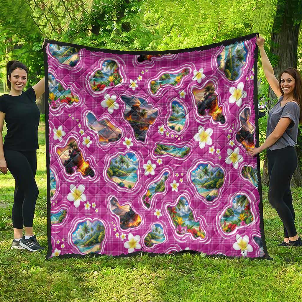 Hawaiian Island Shapes-Iconic Landscape Quilt with Plumeria and Palaka Pink Color LT03 - Polynesian Pride