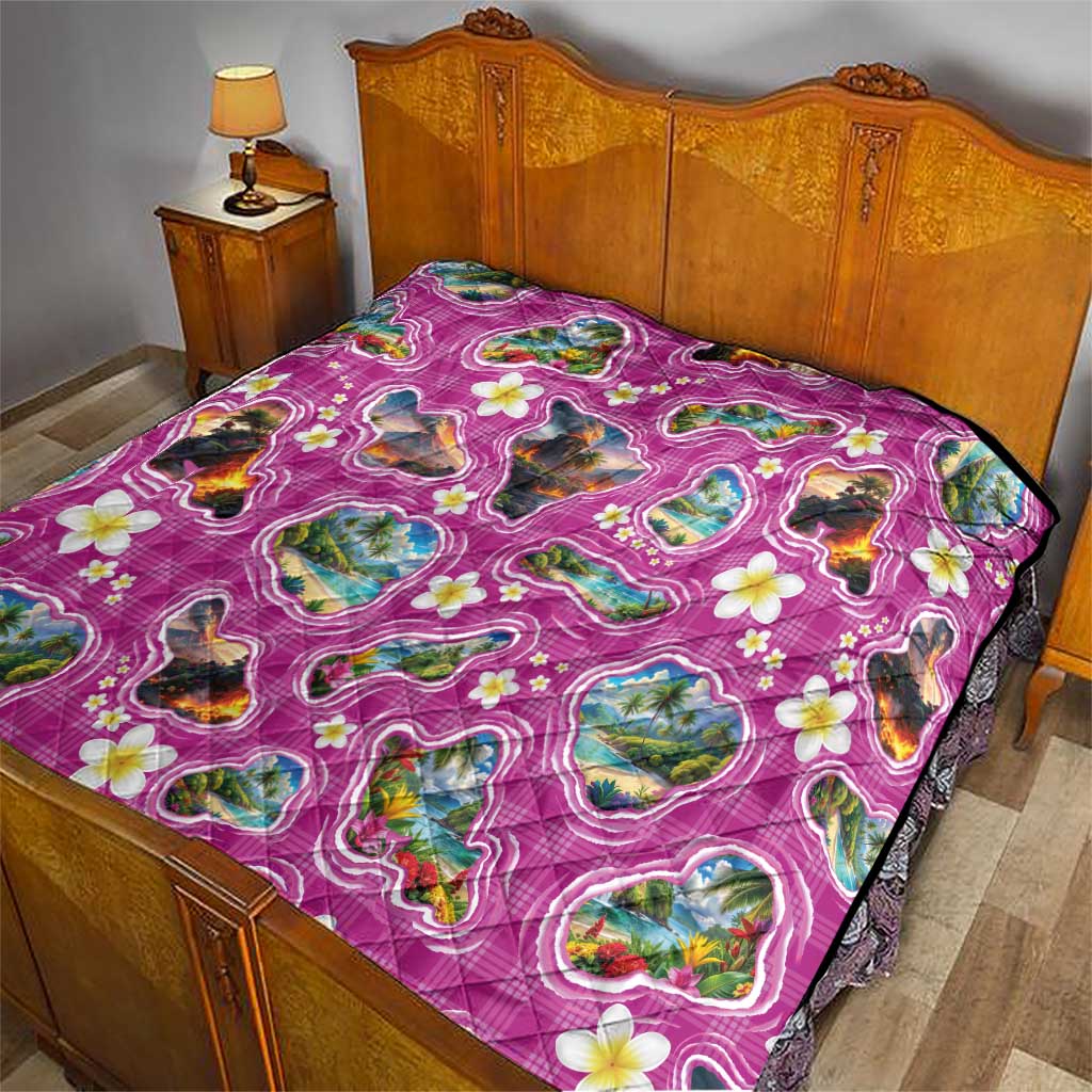 Hawaiian Island Shapes-Iconic Landscape Quilt with Plumeria and Palaka Pink Color LT03 - Polynesian Pride