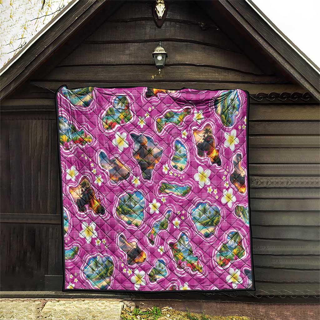 Hawaiian Island Shapes-Iconic Landscape Quilt with Plumeria and Palaka Pink Color LT03 - Polynesian Pride