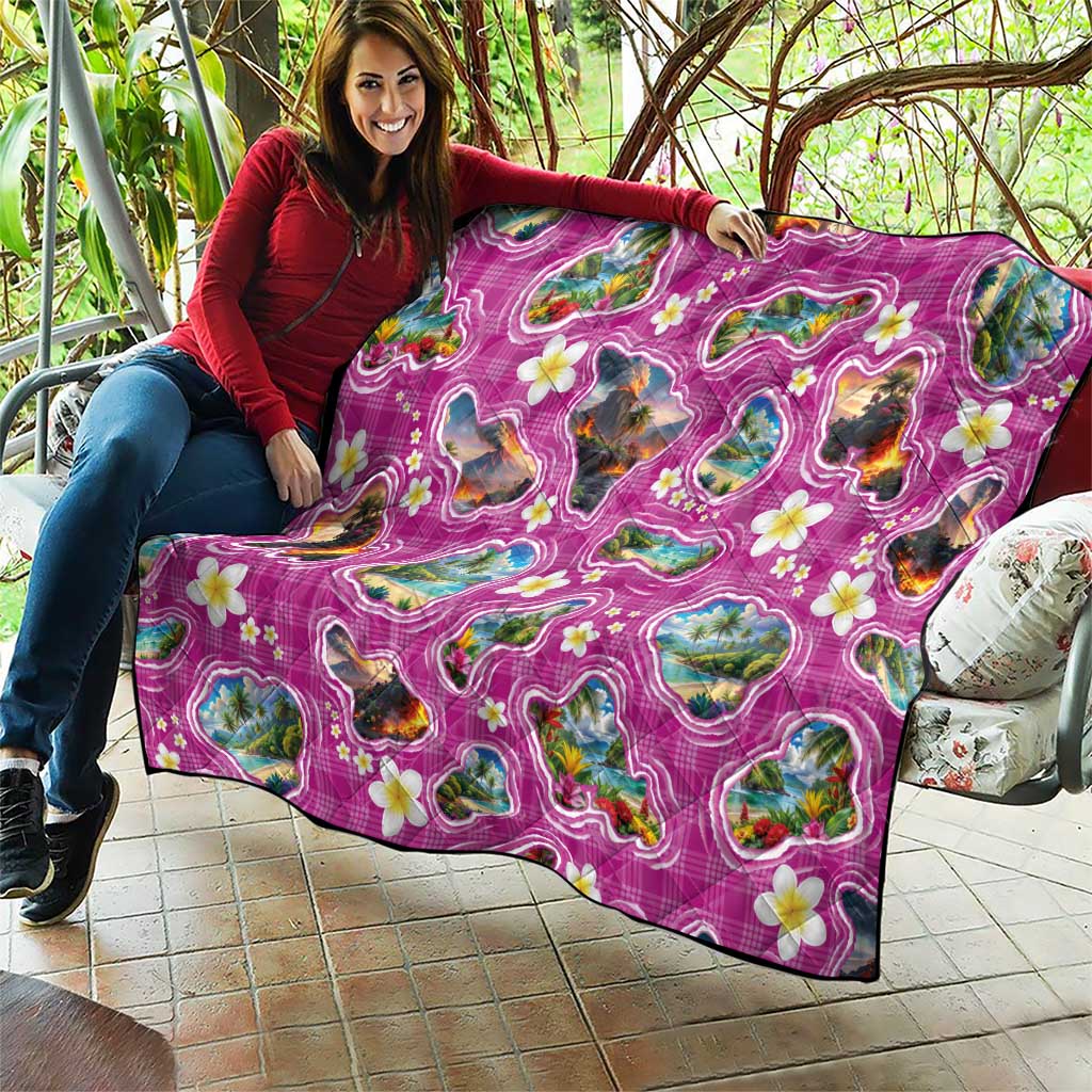 Hawaiian Island Shapes-Iconic Landscape Quilt with Plumeria and Palaka Pink Color LT03 - Polynesian Pride