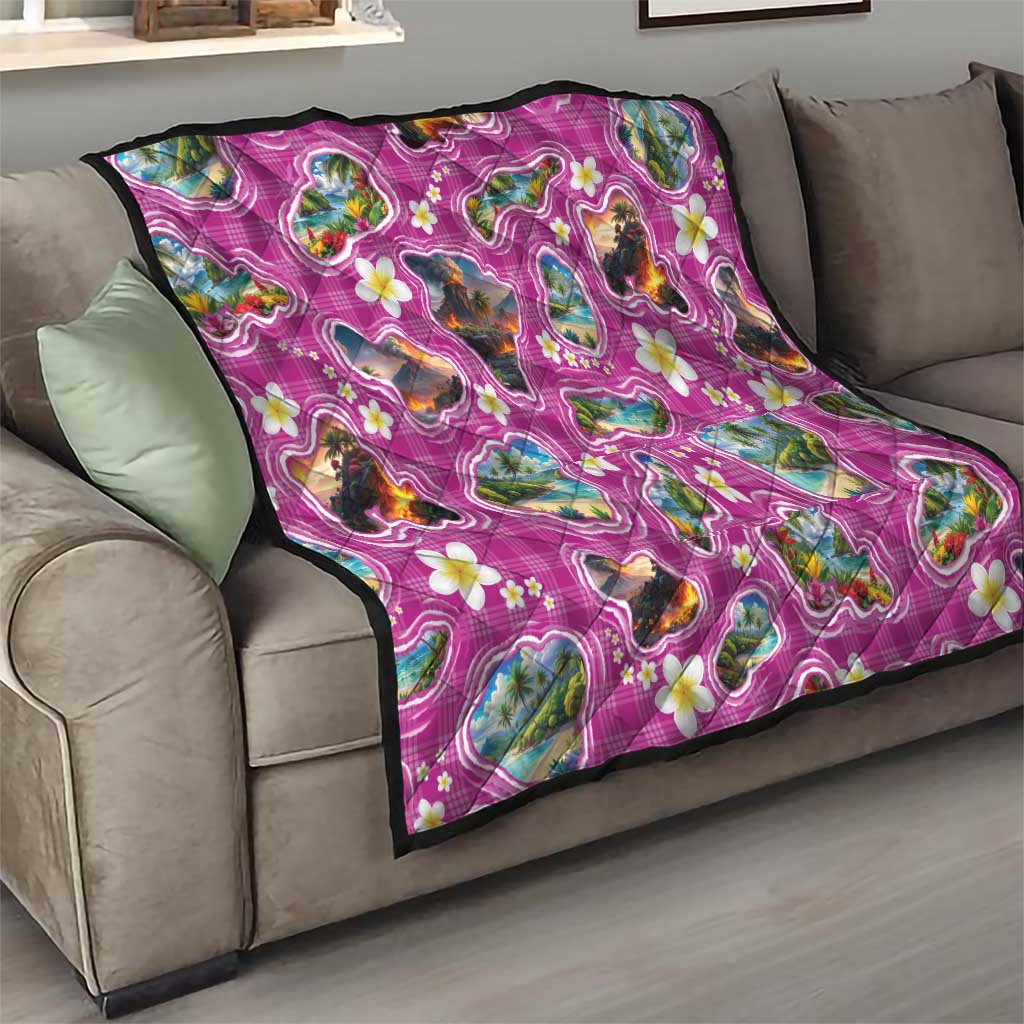 Hawaiian Island Shapes-Iconic Landscape Quilt with Plumeria and Palaka Pink Color LT03 - Polynesian Pride