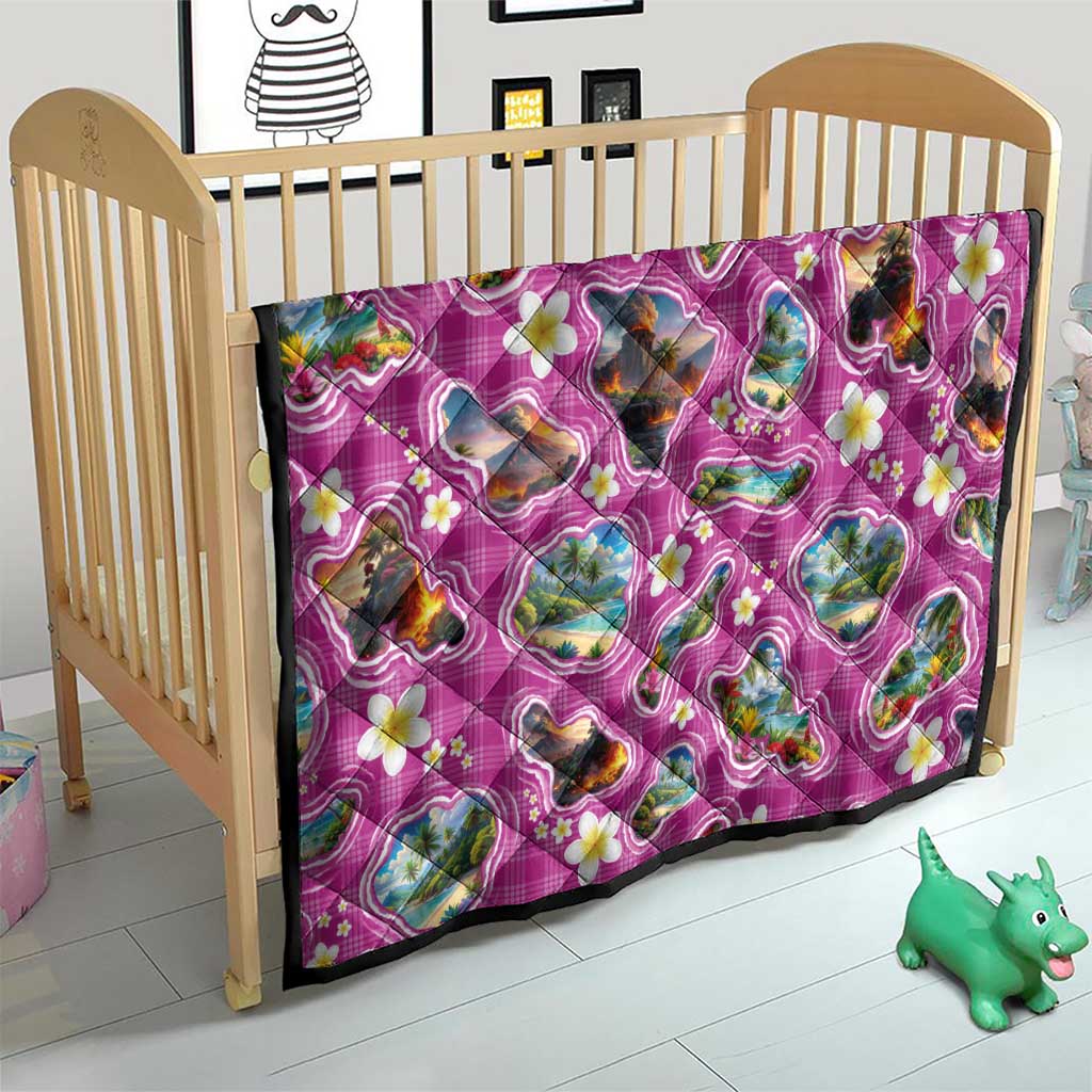 Hawaiian Island Shapes-Iconic Landscape Quilt with Plumeria and Palaka Pink Color LT03 - Polynesian Pride